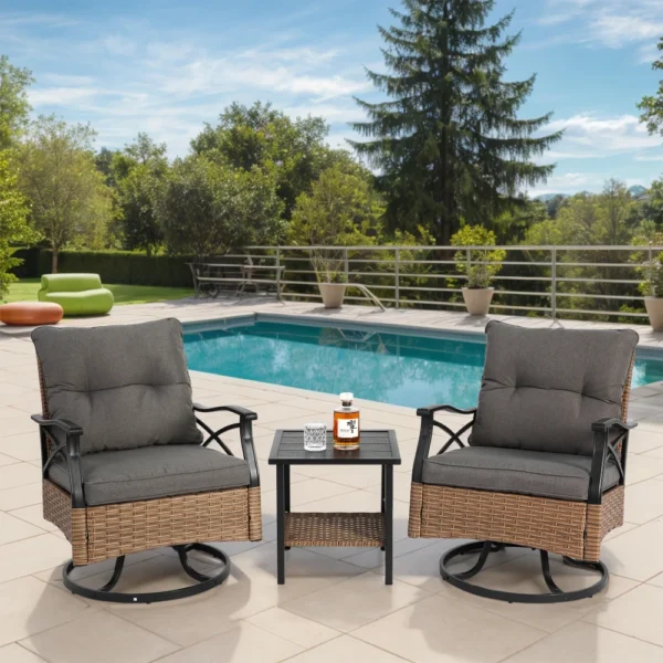 Outdoor Swing Chairs Set 3 Pieces, 1 Table and 2 Swing Chairs, Support 350lbs, Brown Wicker, Outdoor Furniture Patio Talk Set