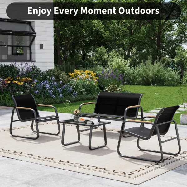 Garden Furniture Set, 4 Pieces, Textilene Balcony Furniture Set with Table, Sofa, and 2 Chairs, Steel, Seating Group for Garden, Balcony, Outdoors
