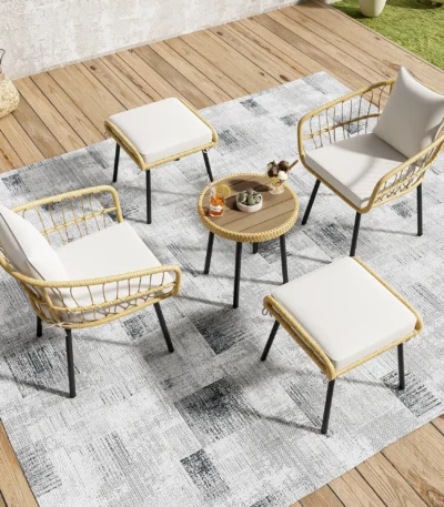 5-piece natural rtin garden furniture Rolipo with table, 2 Chairs and 2 stool, cushions included 1