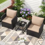 Rattan garden furniture set including 2 chairs with cushions & glass table, outdoor seating group, black-khaki