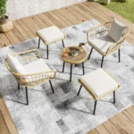 5-piece natural rtin garden furniture Rolipo with table, 2 Chairs and 2 stool, cushions included
