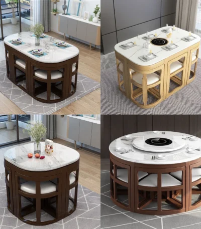*/ Modern Square Marble Top Complete Dining Table Set Of 4 Or 6 Chairs For Home Use 1