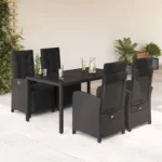 5-piece garden dining set with cushions, black poly rattan