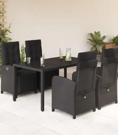 5-piece garden dining set with cushions, black poly rattan 1