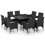 9-Piece Outdoor Dining Set, Patio Rattan Dining Table with Glass Top and 8 Chairs with Cushions, Weather-Resistant PE Rattan and Steel Frame, Garden Furniture for Backyard, Balcony, Family Gatherings