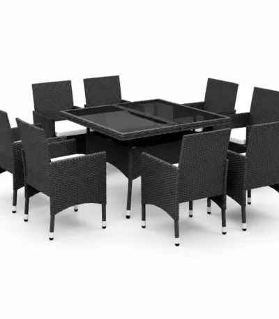 9-Piece Outdoor Dining Set, Patio Rattan Dining Table with Glass Top and 8 Chairs with Cushions, Weather-Resistant PE Rattan and Steel Frame, Garden Furniture for Backyard, Balcony, Family Gatherings 1