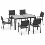 Outdoor Dining Set with Extendable Glass Table and 6 Breathable Mesh Chairs, Aluminum Frame Patio Furniture for Garden, Terrace, Balcony, Family Gatherings and Al Fresco Dining, Dark Gray