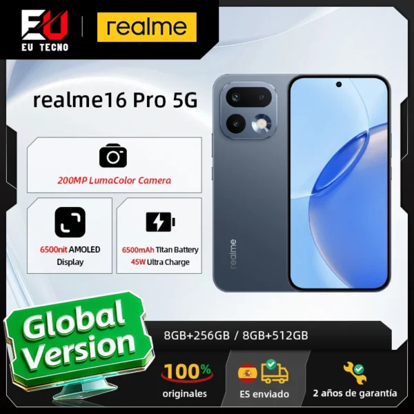 New Launch EU Version realme 16 Pro 5G Smartphone 200MP LumaColor Camera 6500nit AMOLED Display 6500mAh Battery 45W Charge