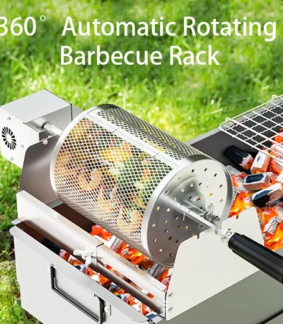 360° Automatically Rotate BBQ Rolling Barbecue Cage Stainless Steel Smoked Round Grill Basket for Grilled Chicken Rotisserie 1