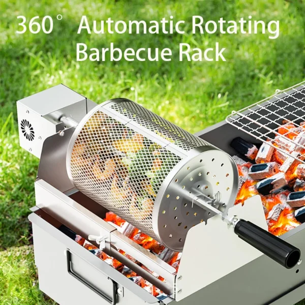 360° Automatically Rotate BBQ Rolling Barbecue Cage Stainless Steel Smoked Round Grill Basket for Grilled Chicken Rotisserie