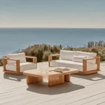 2025 Durable Luxury Courtyard Garden Outdoor Set Waterproof Fabric Sofa Wooden Frame Hotel Villa Park Hot Yard