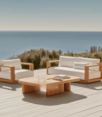 2025 Durable Luxury Courtyard Garden Outdoor Set Waterproof Fabric Sofa Wooden Frame Hotel Villa Park Hot Yard 1