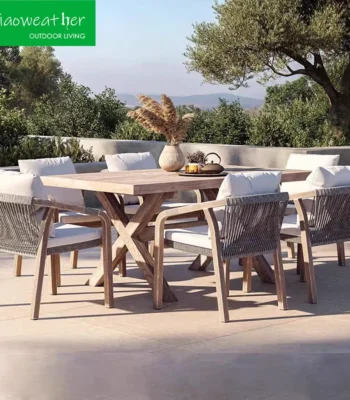 Hotel Outdoor Standard Patio Rope Weaving Teak Wood Garden Table Outdoor Furniture Dining Table and Chair Set 1