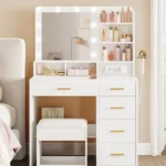 Dressing Table with 10 LED Light Balls, 3 Colors, Dressing Table with Plug and Large Mirror, Stool and Hairdryer Holder, White