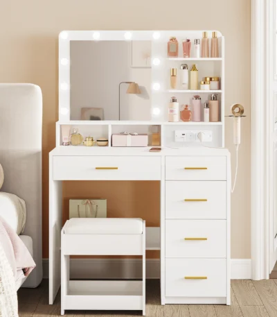 Dressing Table with 10 LED Light Balls, 3 Colors, Dressing Table with Plug and Large Mirror, Stool and Hairdryer Holder, White 1