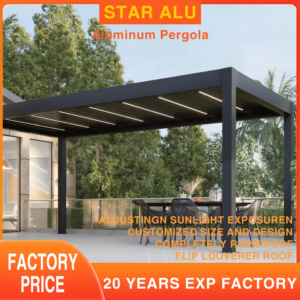 Customized Waterproof Sunshade Glass Sliding Outdoor Pergola Aluminum Motorized Louvered Pergola with Motorized Roof Customized Waterproof Sunshade Glass Sliding Outdoor Pergola Aluminum Motorized Louvered Pergola with Motorized Roof