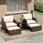 5-Piece Rattan Patio Furniture Set Outdoor Conversation Seating Chairs W/Ottomans & Glass Tabletop for Garden Balcony Poolside