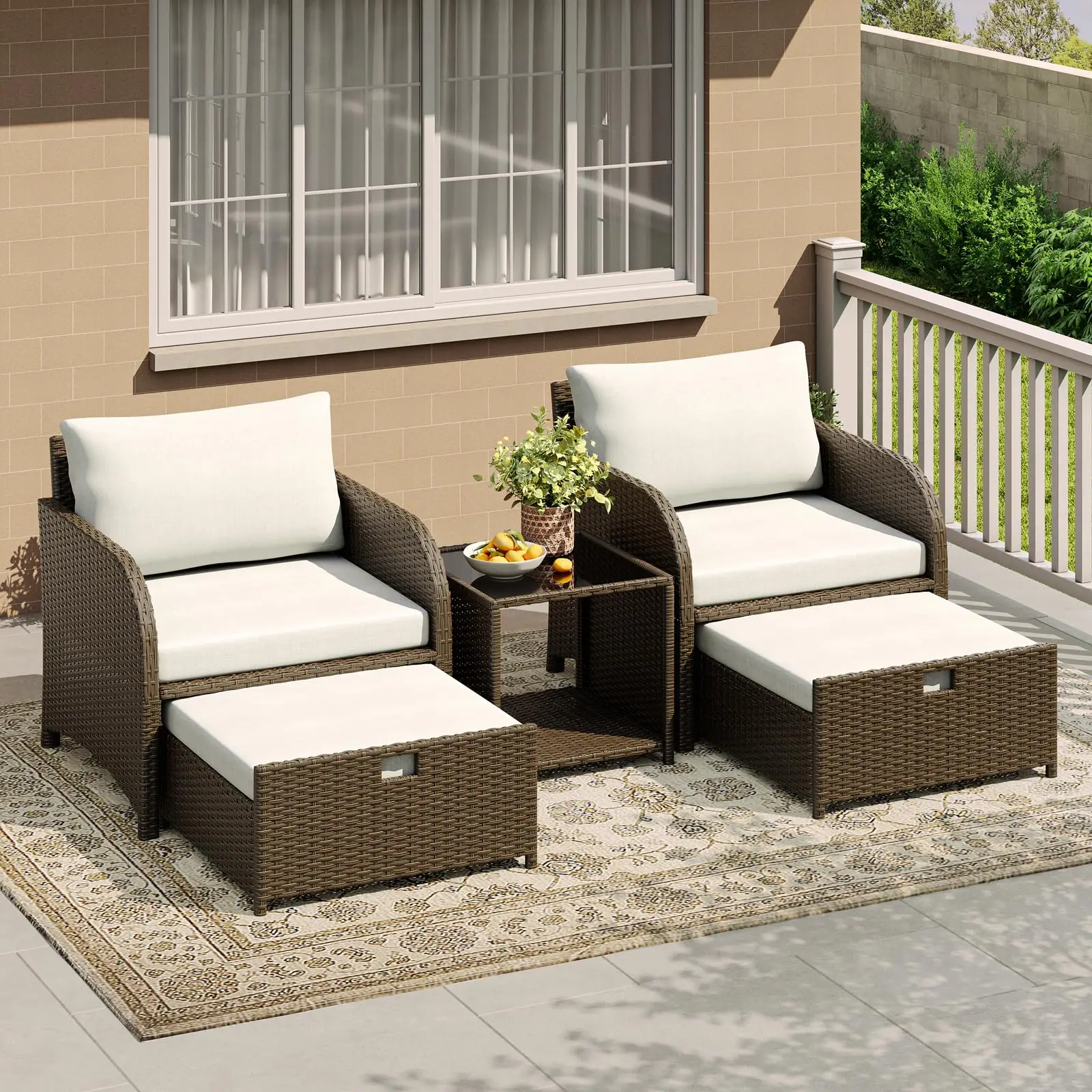5-Piece Rattan Patio Furniture Set Outdoor Conversation Seating Chairs W/Ottomans & Glass Tabletop for Garden Balcony Poolside 5-Piece Rattan Patio Furniture Set Outdoor Conversation Seating Chairs W/Ottomans & Glass Tabletop for Garden Balcony Poolside
