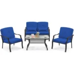 4-Piece Garden Furniture Set,Patio Furniture with Seat,Back and Waist Cushions,for 4 People,Set Including 2 Chairs,Bench & Table