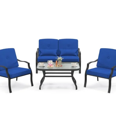 4-Piece Garden Furniture Set,Patio Furniture with Seat,Back and Waist Cushions,for 4 People,Set Including 2 Chairs,Bench & Table 1
