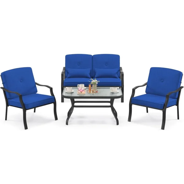 4-Piece Garden Furniture Set,Patio Furniture with Seat,Back and Waist Cushions,for 4 People,Set Including 2 Chairs,Bench & Table