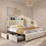 Superaly 90×200 cm LED Single Bed with 2 Storage Drawers, Upholstered Youth Bed, Beige Velvet Fabric Bed Frame, Space-Saving Bedroom Furniture
