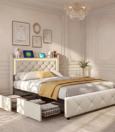 Superaly 90×200 cm LED Single Bed with 2 Storage Drawers, Upholstered Youth Bed, Beige Velvet Fabric Bed Frame, Space-Saving Bedroom Furniture 1