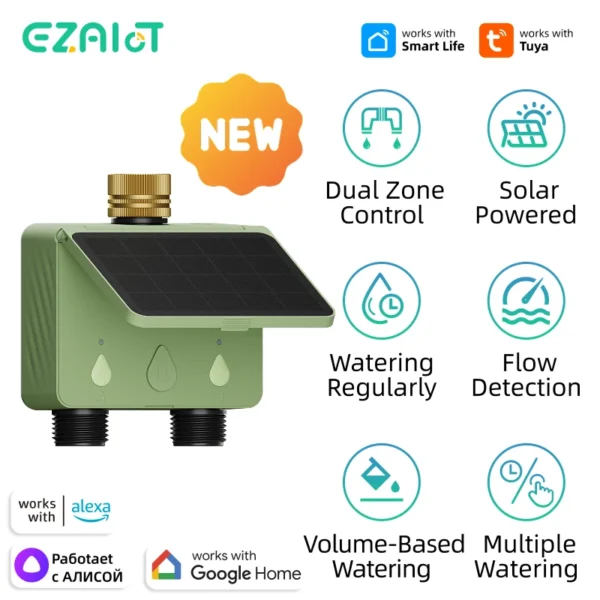 Smart Sprinkler Water Timer Tuya WiFi 2 Zone Garden Irrigation Controller Solar Power for Outdoor Automatic Drip Watering System