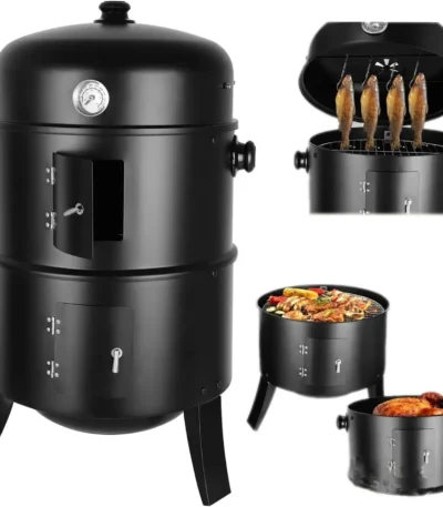 3in1 Vertical Ø45cm Charcoal BBQ Smoker, Heavy Duty Round Smoking Grill Barbecue Smoker Barrel for Outdoor Cooking, Thermometer 1