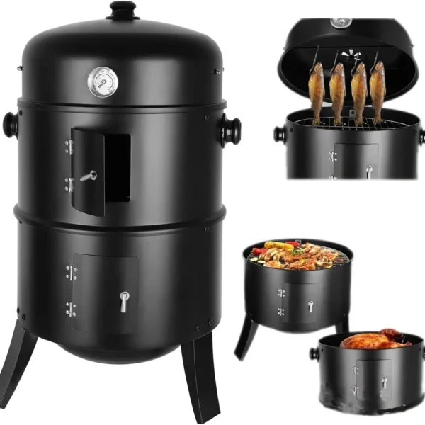 3in1 Vertical Ø45cm Charcoal BBQ Smoker, Heavy Duty Round Smoking Grill Barbecue Smoker Barrel for Outdoor Cooking, Thermometer
