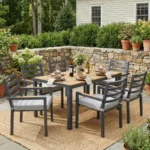 7 Piece Garden Lounge Set for 6 People, Dining Table with 6 Chairs, Galvanized Steel Frame, Wood Look Table Top, Grey Outdoor Patio Set
