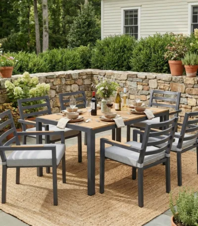 7 Piece Garden Lounge Set for 6 People, Dining Table with 6 Chairs, Galvanized Steel Frame, Wood Look Table Top, Grey Outdoor Patio Set 1
