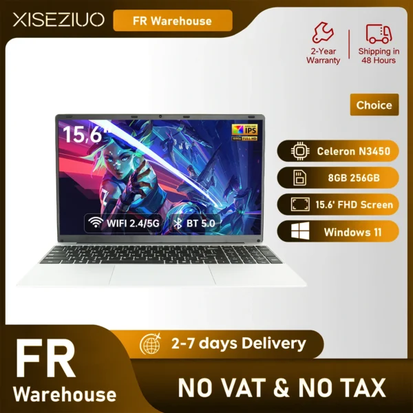 New 2026 15.6-Inch Laptop, 8 Gb Ddr4 Ram, 256 Gb Ssd, Intel Celeron N3450 Processor, 5000 Mah, 180 °   Ips Screen, Windows 11 Pro Laptop, Wifi 5, USB 3.0, Mini Hdmi, Desk, Study, and Movies, French Keyboard, French System