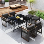 7-Piece Outdoor Dining Set for 6, Square Tempered Glass Table 117x117cm, 4 Armchairs with Wood-Plastic Armrests & Woven Polyester Seats, 2 Footstools, Water-Resistant Cushions, Patio Garden Furniture