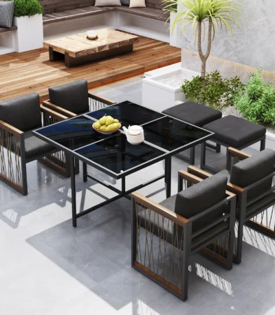 7-Piece Outdoor Dining Set for 6, Square Tempered Glass Table 117x117cm, 4 Armchairs with Wood-Plastic Armrests & Woven Polyester Seats, 2 Footstools, Water-Resistant Cushions, Patio Garden Furniture 1