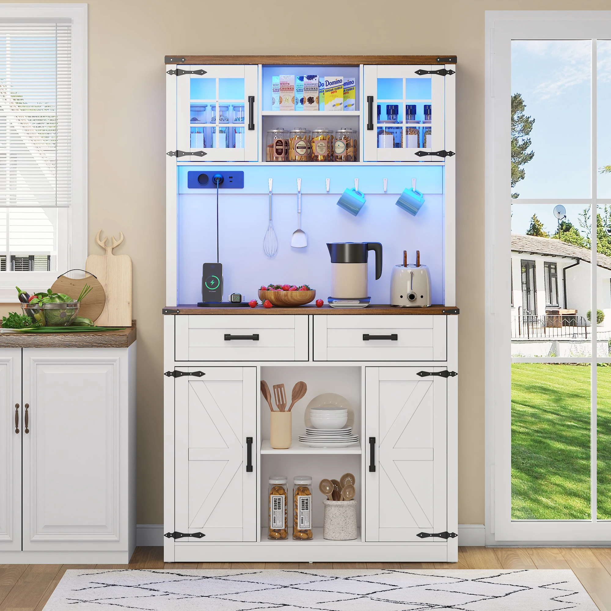 Kitchen buffet with LED, sockets, 2 drawers & adjustable shelves, high storage furniture, for kitchen/bar, MDF-Brown & White Kitchen buffet with LED, sockets, 2 drawers & adjustable shelves, high storage furniture, for kitchen/bar, MDF-Brown & White