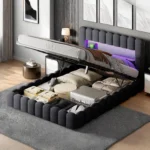 Rosahqnda upholstered bed (140/160/180*200cm) double bed with storage space,LED and USB port, storage headboard,bed frame,linen