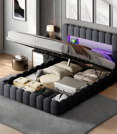 Rosahqnda upholstered bed (140/160/180*200cm) double bed with storage space,LED and USB port, storage headboard,bed frame,linen 1