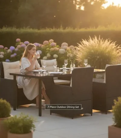 7-piece garden dining set with cushions, black poly rattan 1