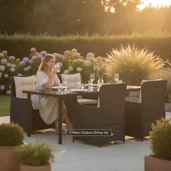7-piece garden dining set with cushions, black poly rattan