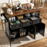 Modern Kitchen Island Cabinet 118×43-70×98cm Wood Grain Dining Storage Cart with Wheels Multifunctional Organizer Cabinet with Removable Dividers Towel Holder Black Practical Furniture for Kitchen Dining Room Home Use