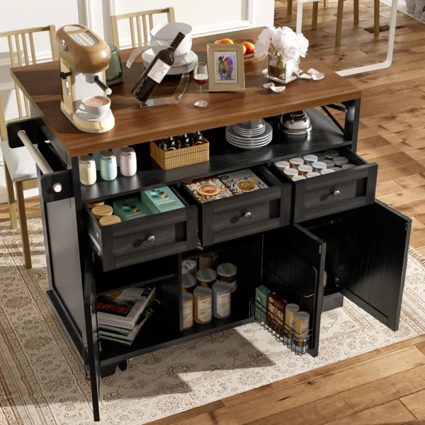 Modern Kitchen Island Cabinet 118×43-70×98cm Wood Grain Dining Storage Cart with Wheels Multifunctional Organizer Cabinet with Removable Dividers Towel Holder Black Practical Furniture for Kitchen Dining Room Home Use