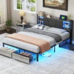 Comanlai Upholstered Metal Bed 140/160x200cm,Double Bed with 2 Drawers,LED Light,USB Charging Function and Storage Headboard
