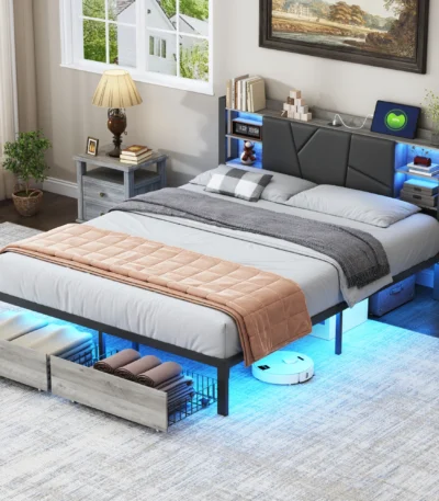 Comanlai Upholstered Metal Bed 140/160x200cm,Double Bed with 2 Drawers,LED Light,USB Charging Function and Storage Headboard 1