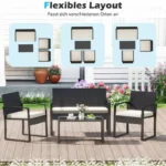 Rattan garden furniture set with 2 armchairs, bench, table & seat cushions, outdoor lounge furniture, beige