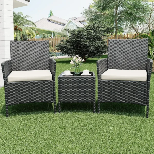 Patio Furniture Set 4 Pieces, Outdoor Patio Furniture Set with Rattan Wicker Chairs, Glass Table and Cushions for Porch, Balcony, Backyard, Garden, Poolside, Brown & Red
