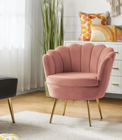 ern Velvet Accent Chair with Shell Shaped Back, Cute Living Room Bedroom Armchair with Gold Legs, Comy Upholstered Vanity Chair 1
