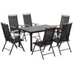 Folding Patio Dining Set for 6, 7-Piece Outdoor Furniture with 1 Aluminum Mesh Table & 6 Adjustable Reclining Chairs, Space-Saving Collapsible Design in Black