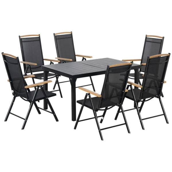Folding Patio Dining Set for 6, 7-Piece Outdoor Furniture with 1 Aluminum Mesh Table & 6 Adjustable Reclining Chairs, Space-Saving Collapsible Design in Black