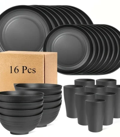 16pcs Unbreakable Tableware Set Shatterproof 8 Plates 4 Bowls 4 Cups Microwave Dishwasher Safe for Camping Daily Use Black 1